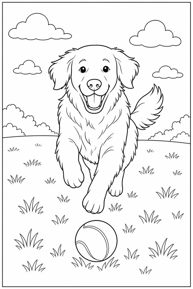 Golden Retriever Dog Fetch Ball Field coloring page