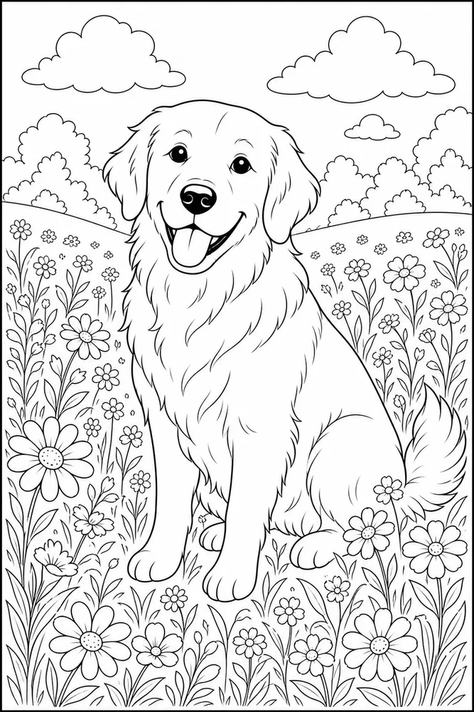 Golden Retriever Dog Flower Meadow coloring page