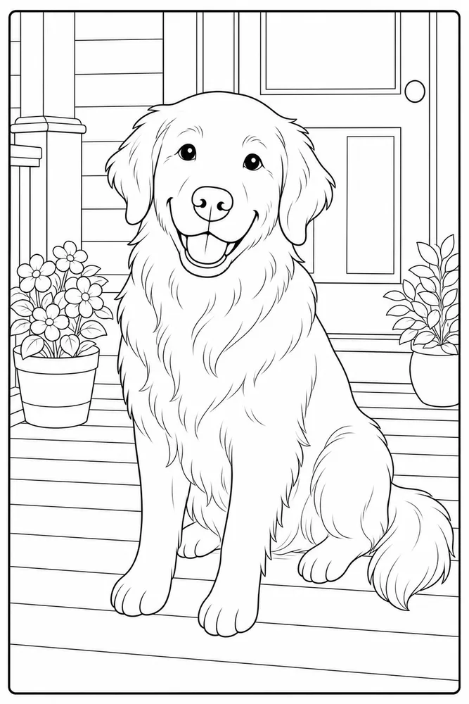 Golden Retriever Dog Coloring Pages preview: Golden Retriever Dog Front Porch Smile coloring page