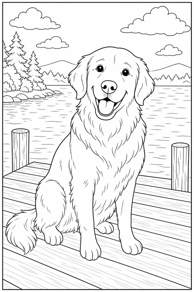 Golden Retriever Dog Lake Dock coloring page