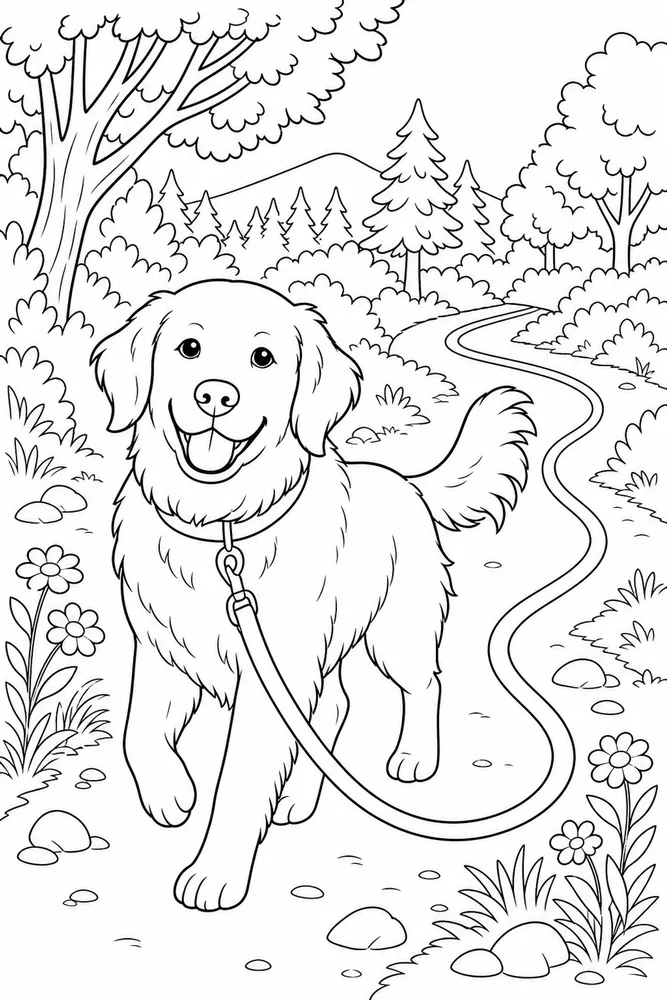 Golden Retriever Dog Leash Trail coloring page