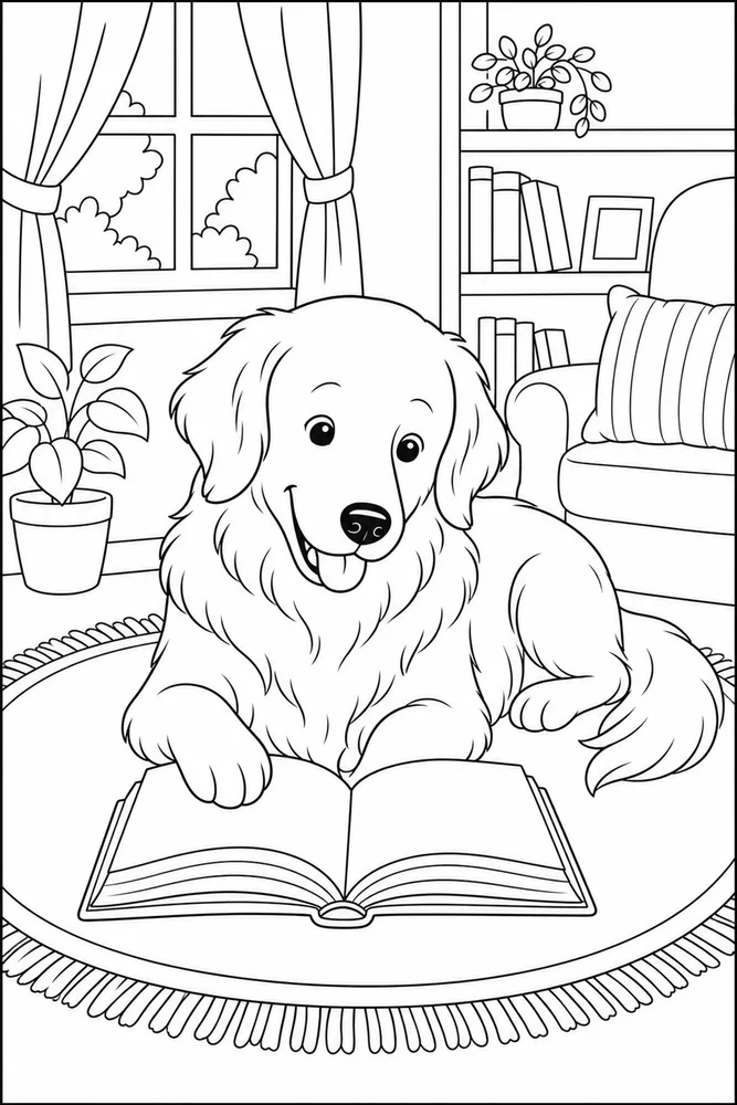 Golden Retriever Dog Reading Rug coloring page