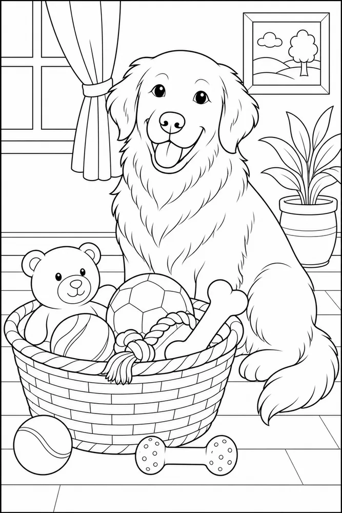 Golden Retriever Dog Toy Basket coloring page