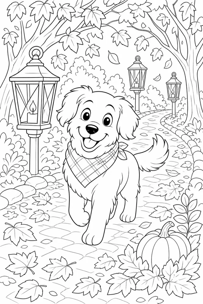Halloween Dog Autumn Lantern printable dog coloring page for kids