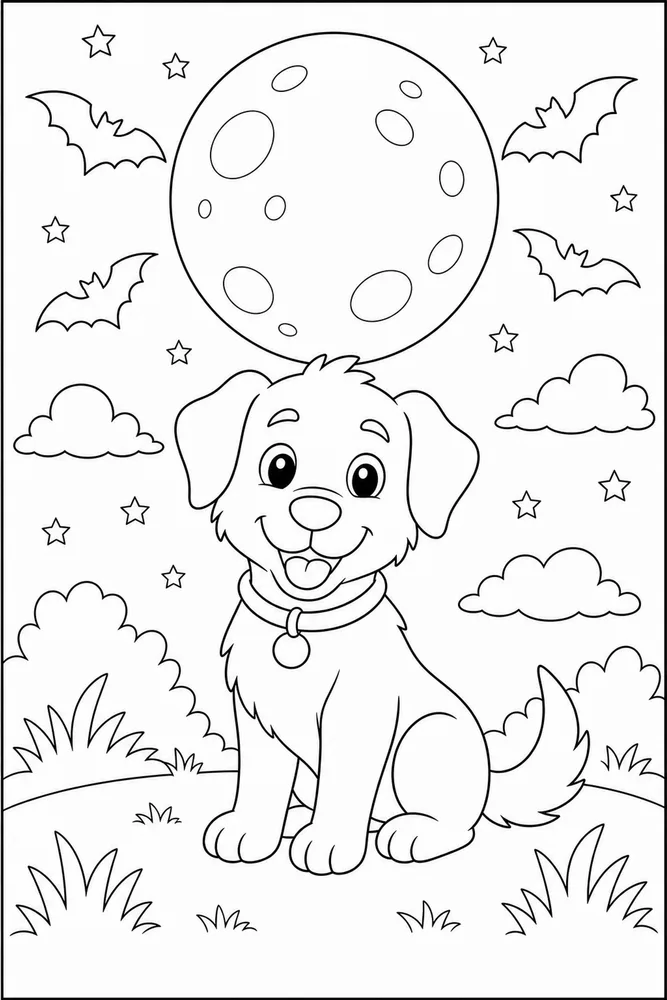 Halloween Dog Bat Moon printable dog coloring page for kids