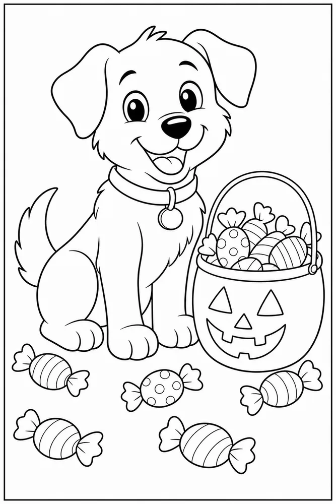 Halloween Dog Candy Bucket printable dog coloring page for kids