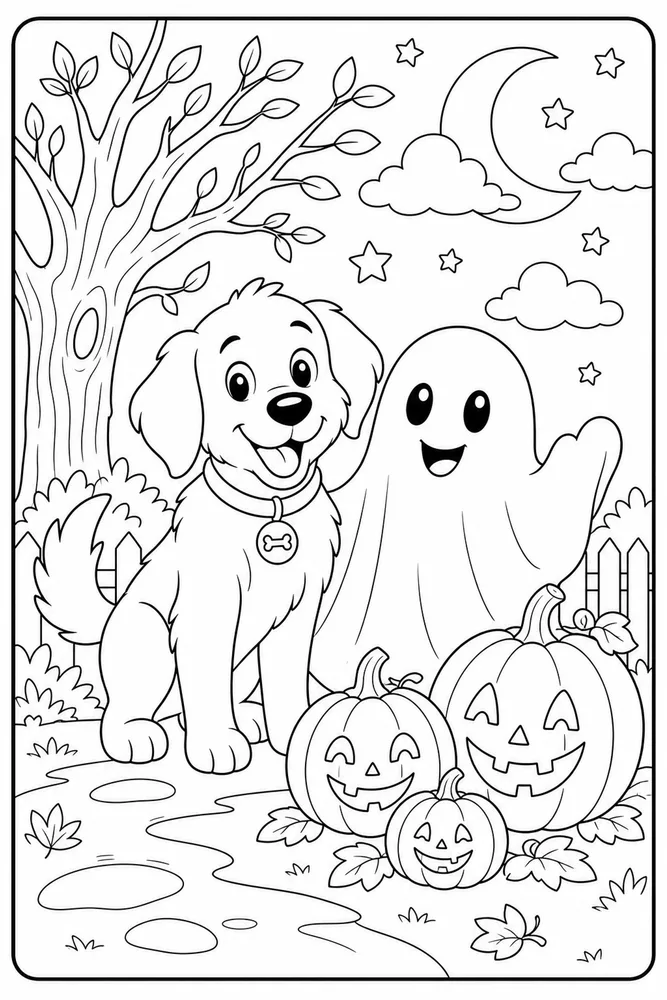 Halloween Dog Friendly Ghost printable dog coloring page for kids
