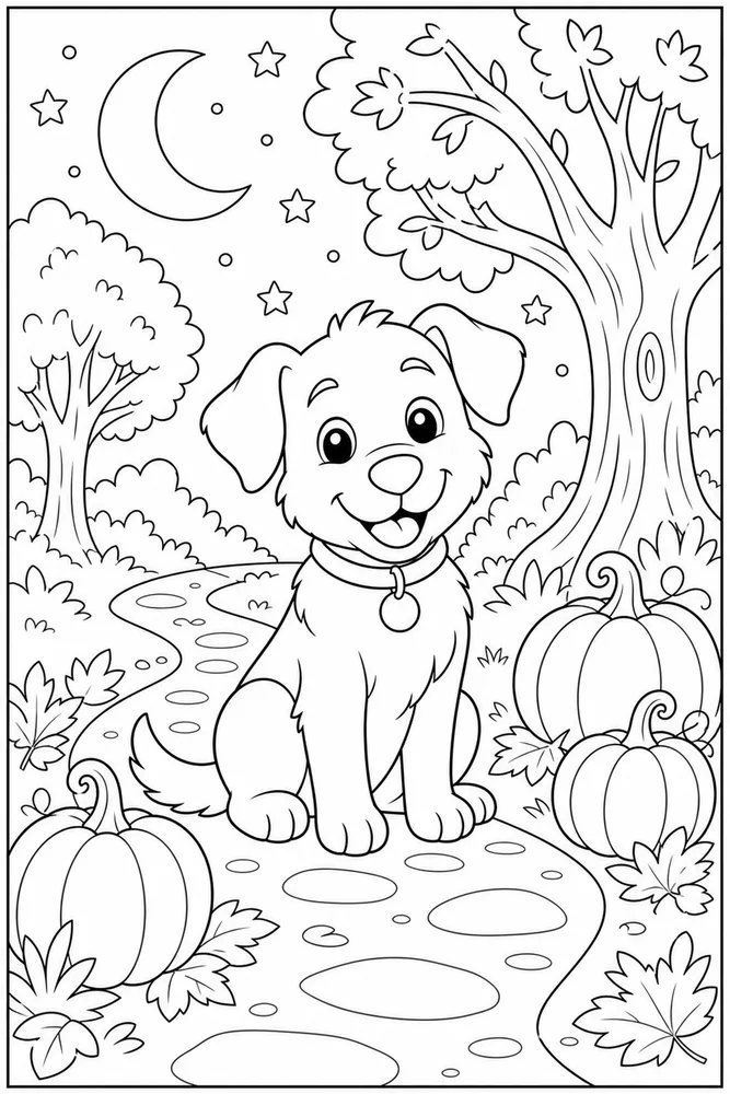 Halloween Dog Moonlit Path printable dog coloring page for kids