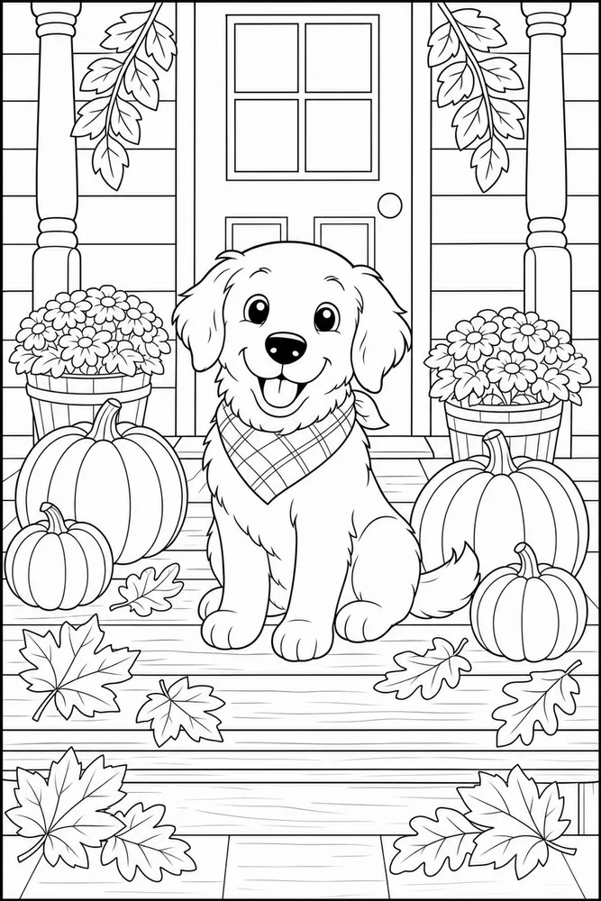 Halloween Dog Coloring Pages preview: Halloween Dog Pumpkin Porch printable dog coloring page for kids