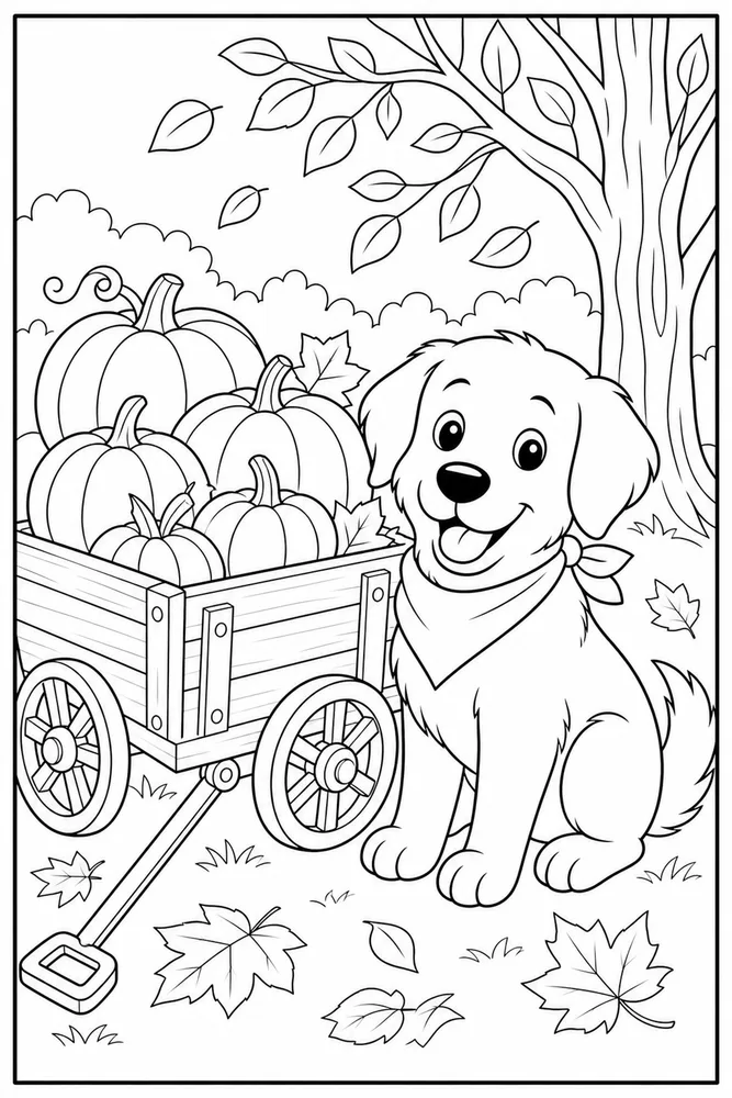 Halloween Dog Pumpkin Wagon printable dog coloring page for kids