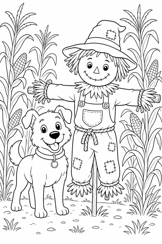 Halloween Dog Scarecrow printable dog coloring page for kids
