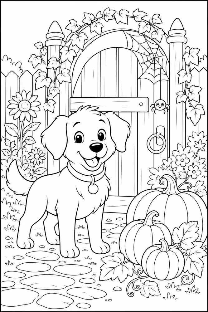 Halloween Dog Spiderweb Gate printable dog coloring page for kids
