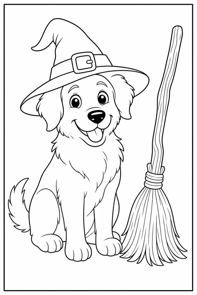 Halloween Dog Witch Hat printable dog coloring page for kids