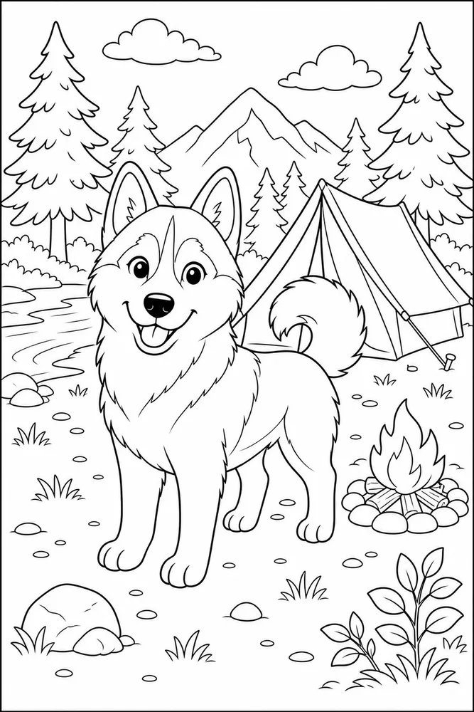 Husky Camping Tent printable dog coloring page for kids