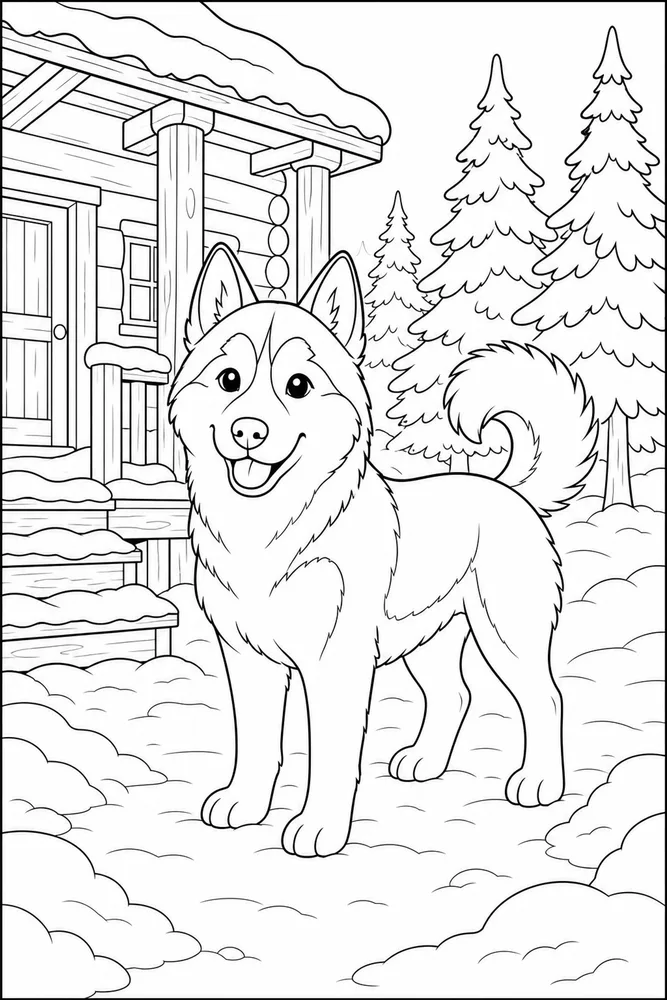 Husky Forest Cabin printable dog coloring page for kids