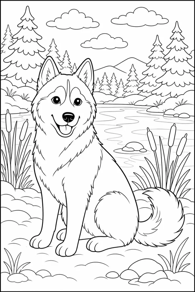 Husky Ice Pond printable dog coloring page for kids