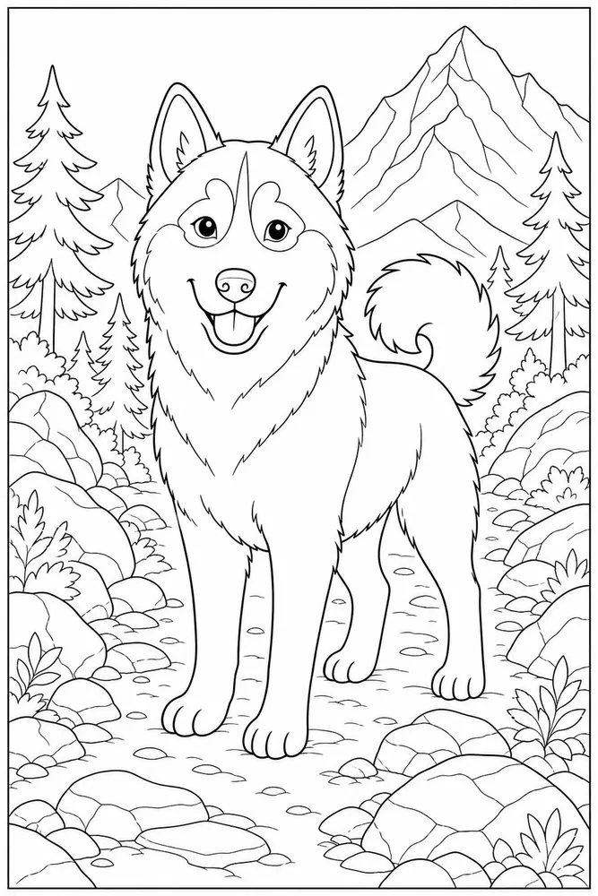 Husky Mountain Trail printable dog coloring page for kids
