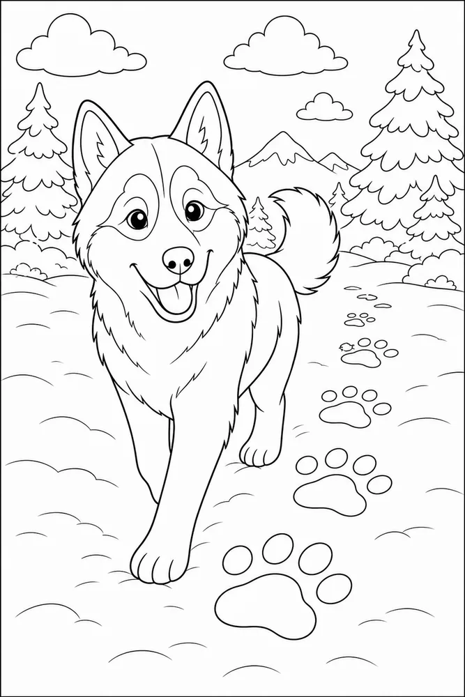 Husky Pawprints Snow printable dog coloring page for kids