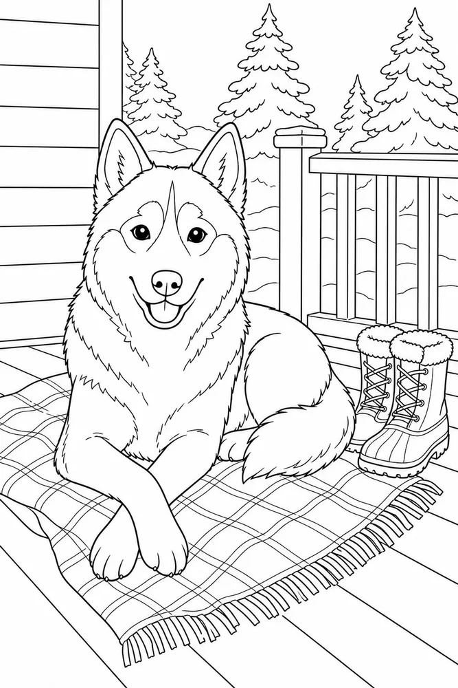 Husky Porch Blanket printable dog coloring page for kids
