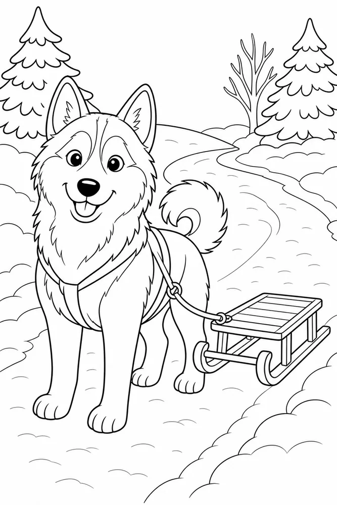 Husky Sled Path printable dog coloring page for kids