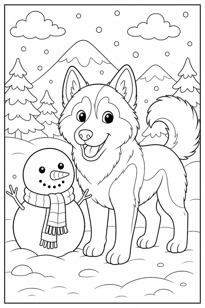 Husky Snowman Friend printable dog coloring page for kids