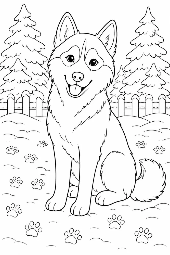 Husky Dog Coloring Pages preview: Husky Snowy Yard printable dog coloring page for kids