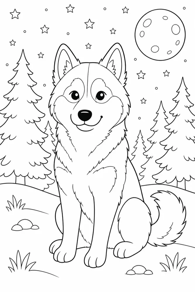 Husky Star Night printable dog coloring page for kids