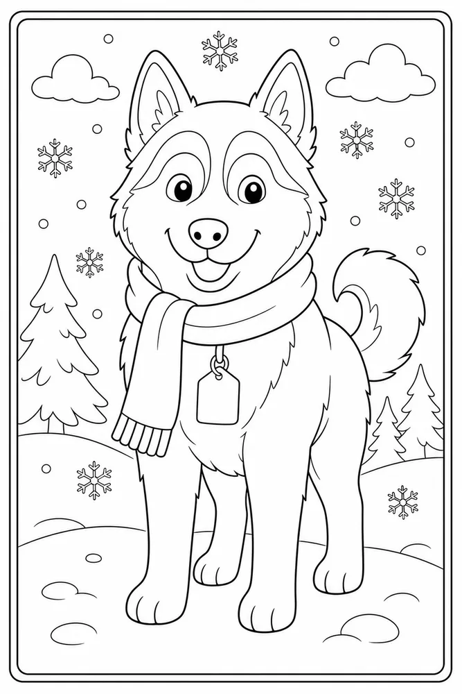 Husky Winter Scarf printable dog coloring page for kids