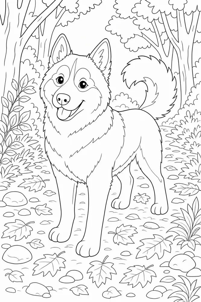 Husky Woodland Path printable dog coloring page for kids