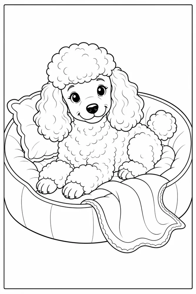 Printable poodle coloring page showing a curly poodle resting on a dog bed with cozy home details.