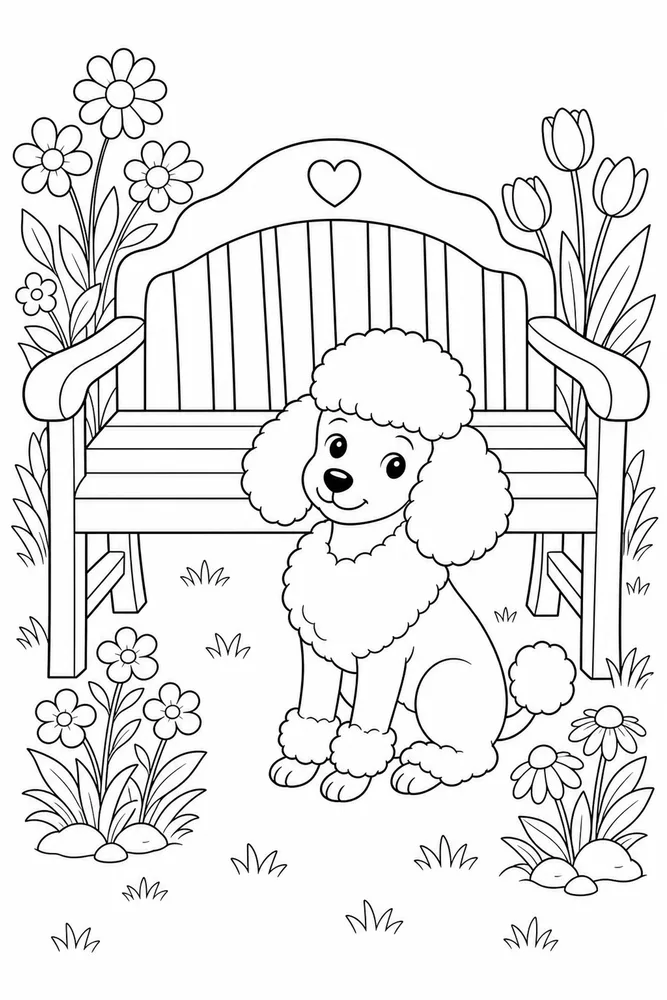 Poodle Dog Garden Bench coloring page