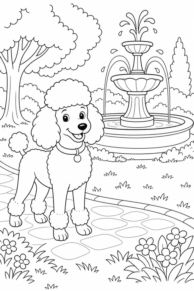 Poodle Dog Park Fountain coloring page