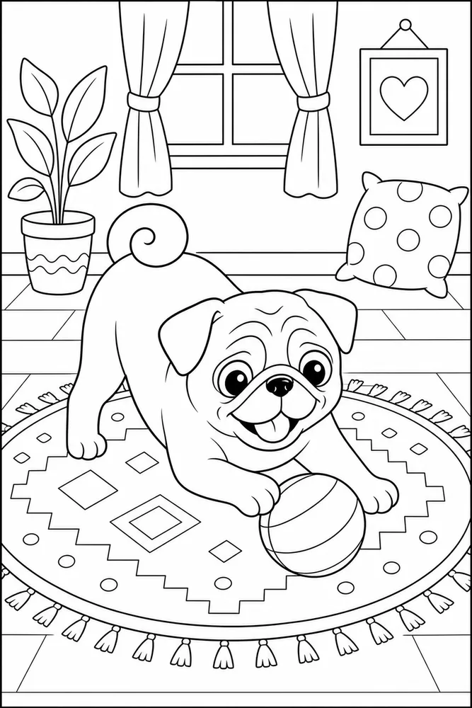 Pug Ball Rug printable dog coloring page for kids