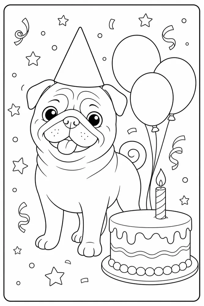 Pug Birthday Hat printable dog coloring page for kids