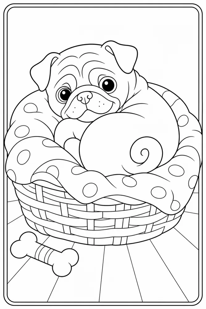 Pug Blanket Basket printable dog coloring page for kids