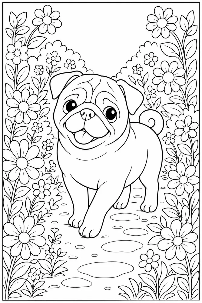 Pug Flower Walk printable dog coloring page for kids