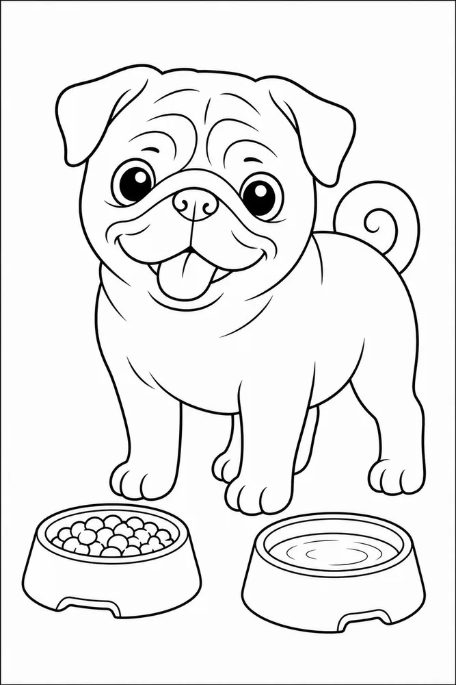 Pug Food Bowl printable dog coloring page for kids