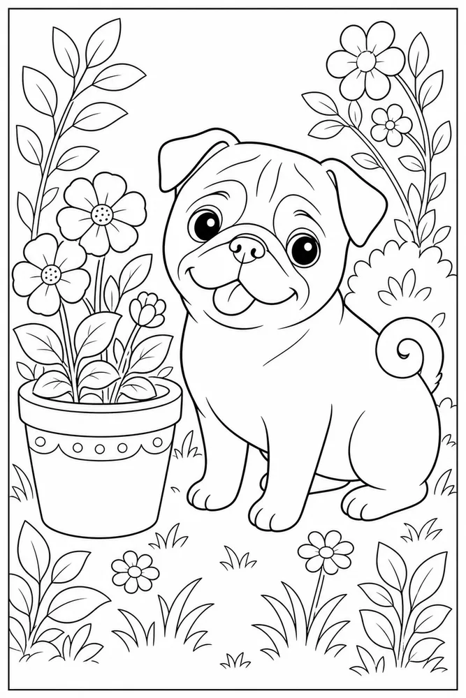 Pug Garden Pot printable dog coloring page for kids