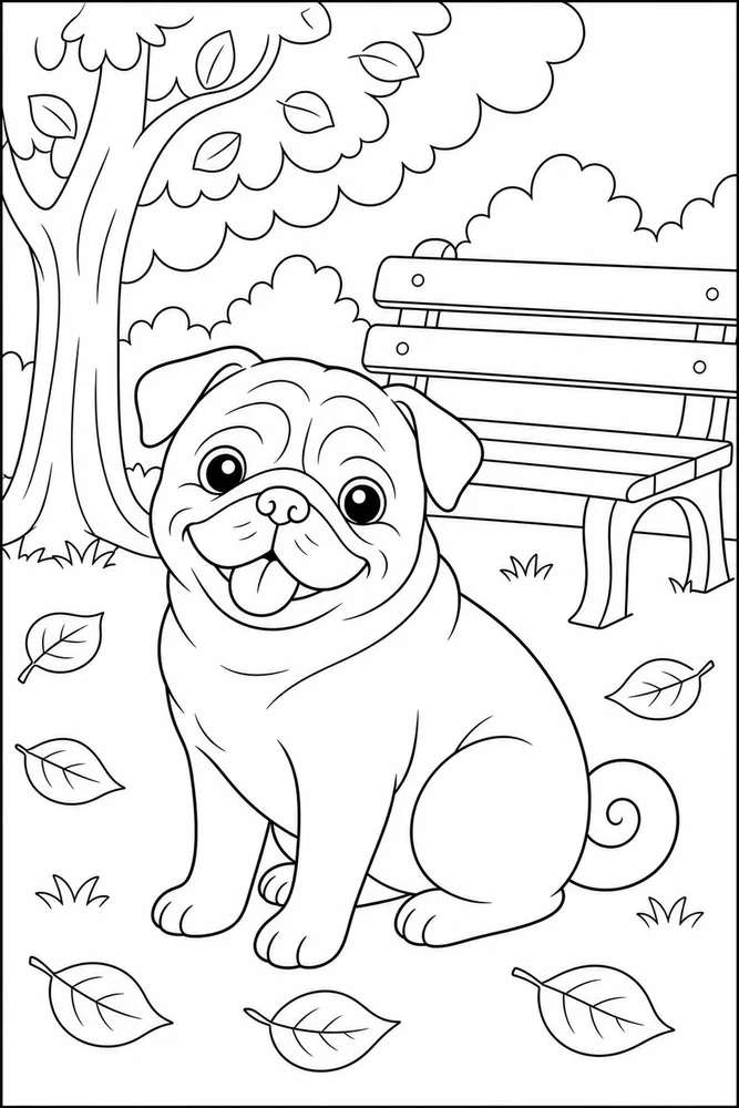 Pug Park Bench printable dog coloring page for kids