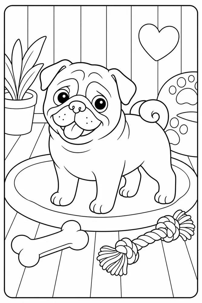 Pug Toy Bone printable dog coloring page for kids