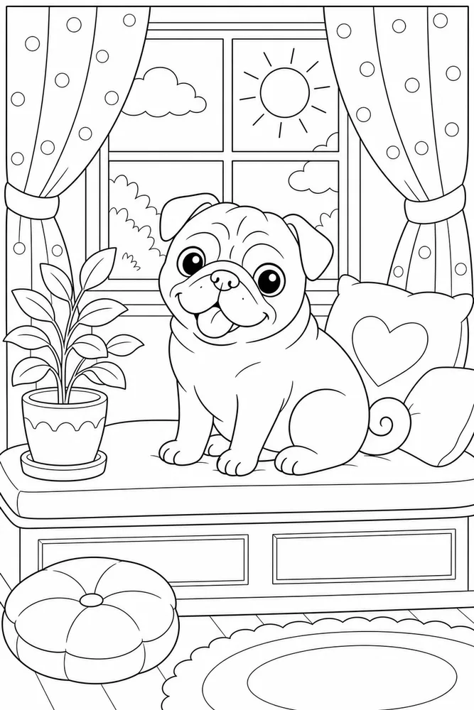 Pug Window Seat printable dog coloring page for kids