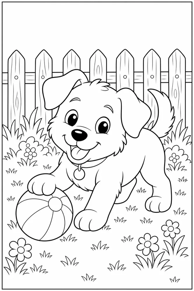 Puppy Dog Coloring Pages preview: Puppy Ball Yard printable dog coloring page for kids