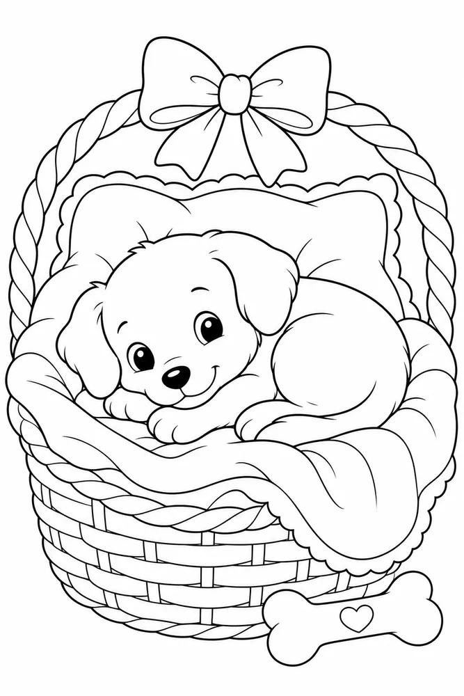 Puppy Blanket Basket printable dog coloring page for kids