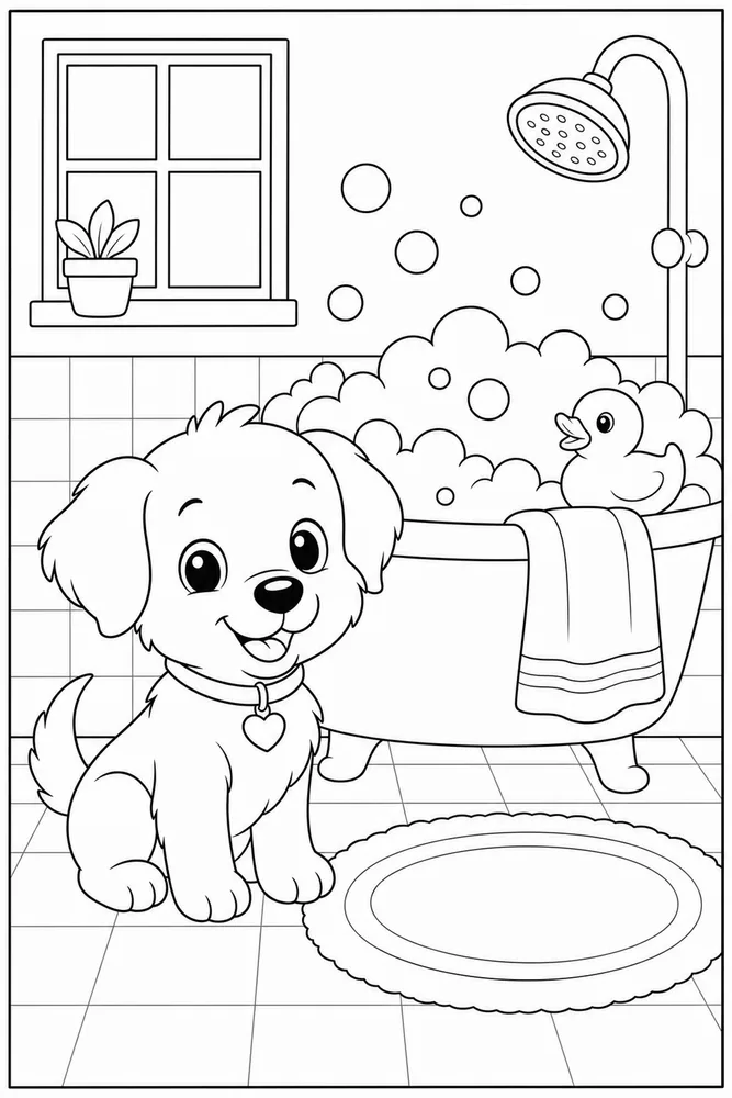 Puppy Bubble Bath printable dog coloring page for kids