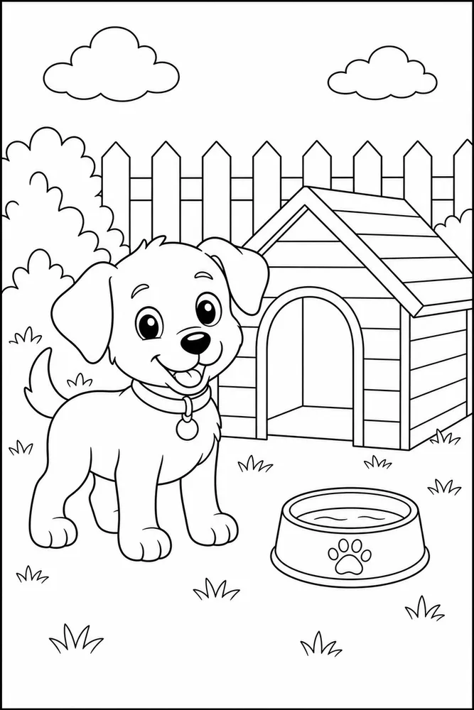 Puppy Doghouse printable dog coloring page for kids