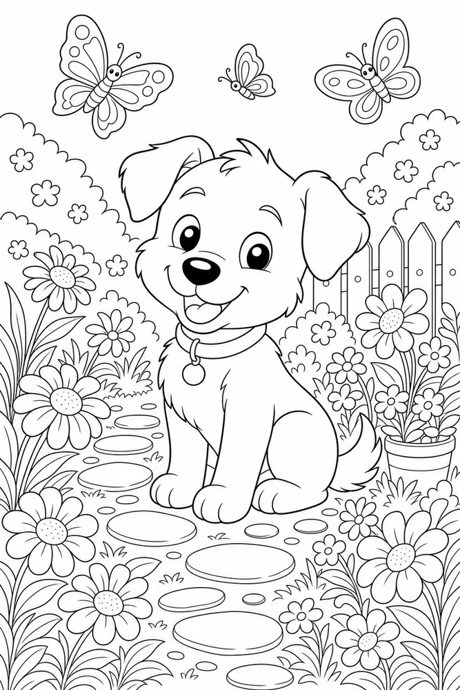 Puppy Flower Garden printable dog coloring page for kids