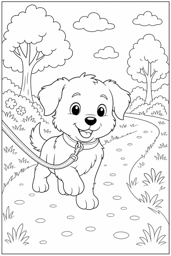 Puppy Leash Walk printable dog coloring page for kids