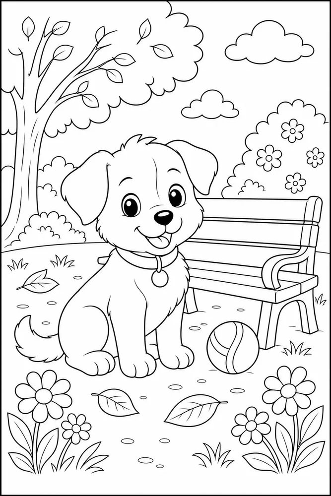 Puppy Park Bench printable dog coloring page for kids