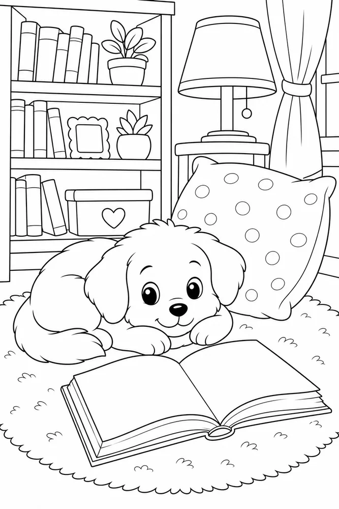 Puppy Reading Cushion printable dog coloring page for kids