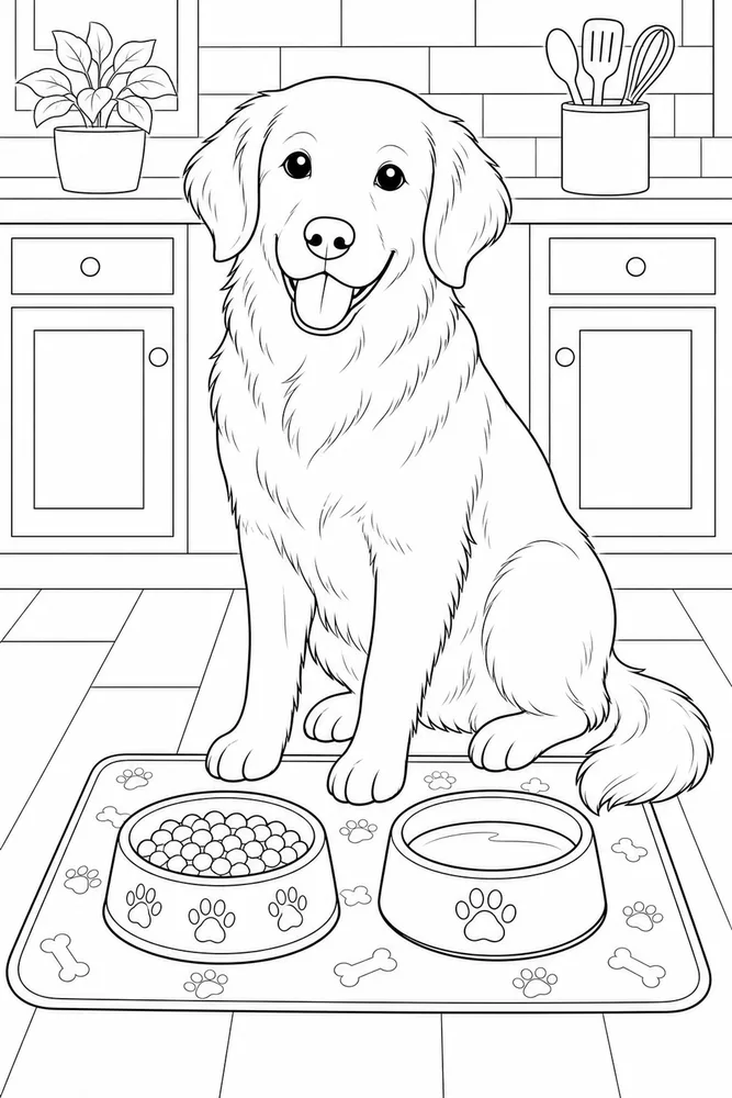 Realistic Dog Beside Bowl printable dog coloring page for kids